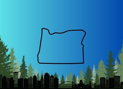 Clipart image of outline of Oregon shape over a plethora of trees and city skyline.