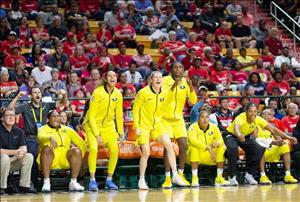 Seattle Storm team bench cheers during WNBA game.