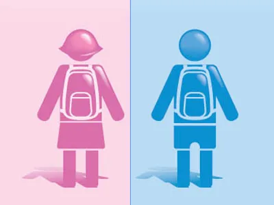 Image of a cartoon girl, colored in oink, and a cartoon boy, colored in blue.