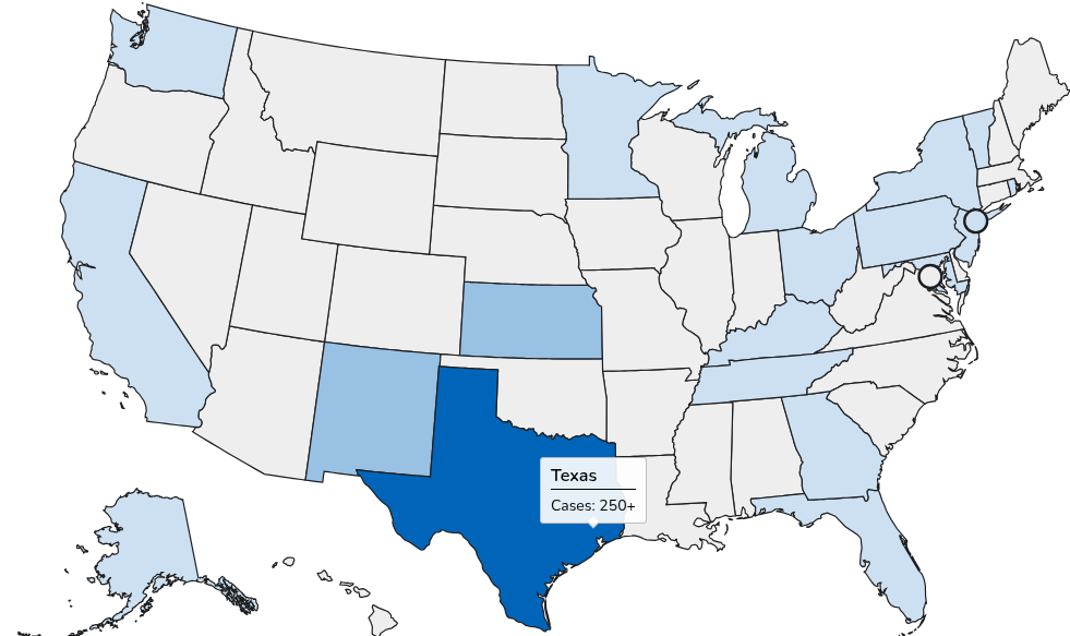 Screenshot image of the CDC's website, displaying a geographic map of America, specifying which states have a certain number of measles cases.